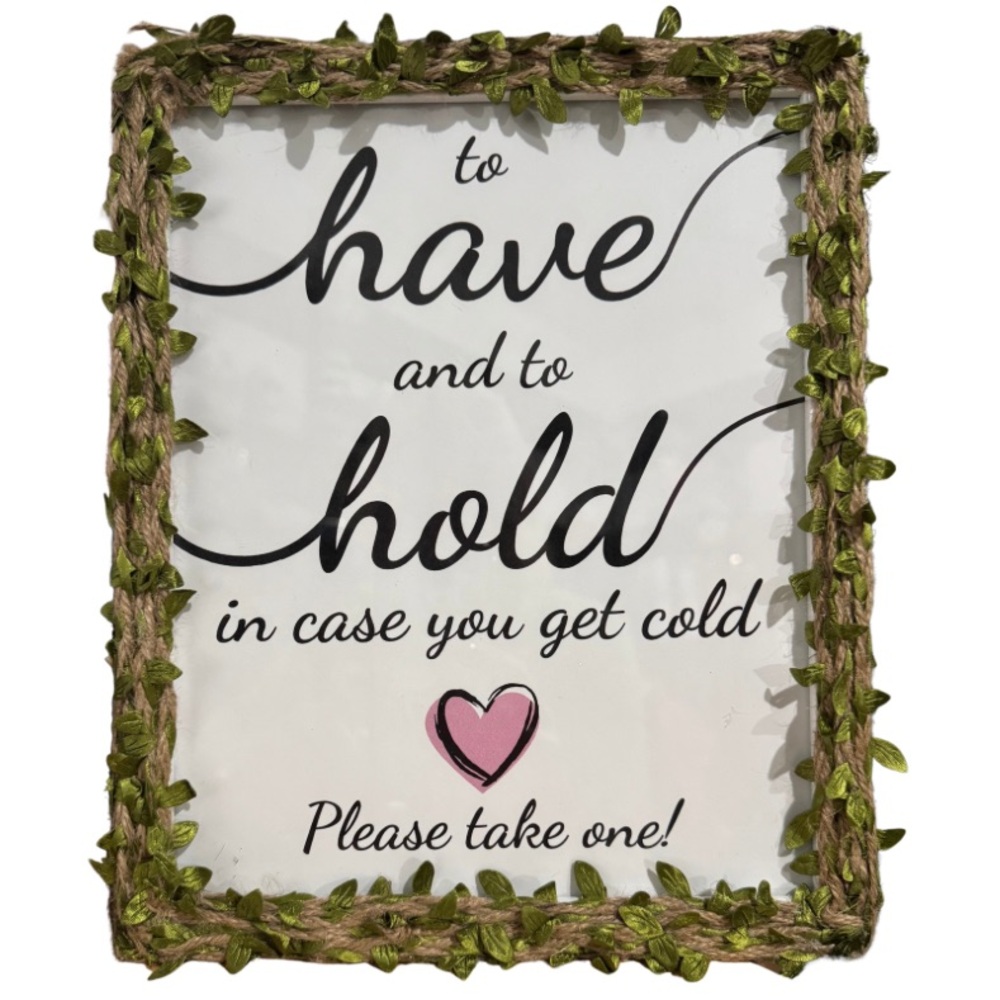 Homemade Decorative Wedding Reception Sign with Green Jute Leaf Border